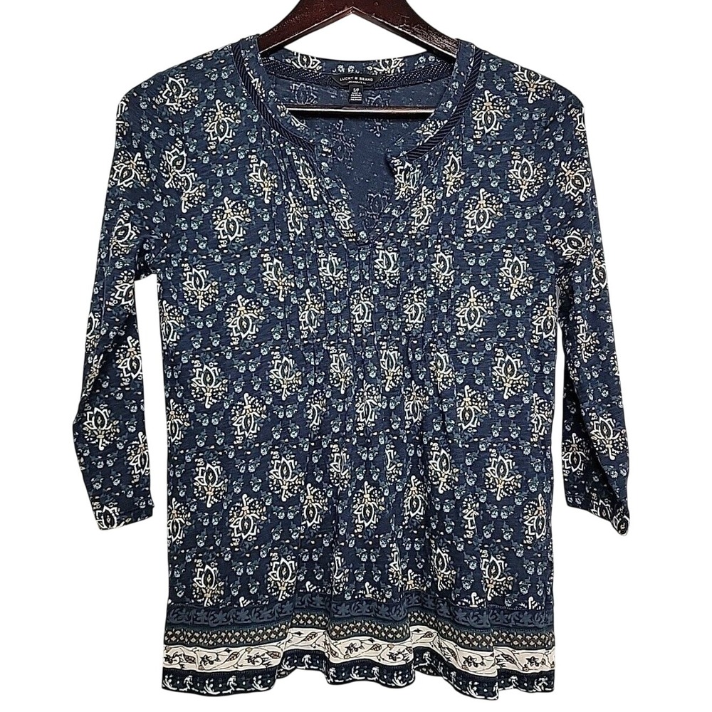 LUCKY BRAND Womens Shirt / Blouse Boho 3/4 sleeves top Navy‎ White SZ Small EUC